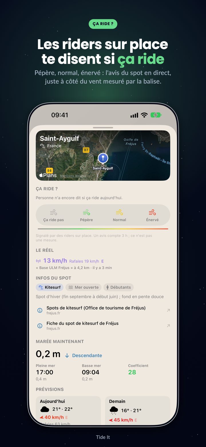 La fiche du spot : « Ça ride ? », l'avis des riders sur place, à côté du vent mesuré, des infos du spot et de la marée
