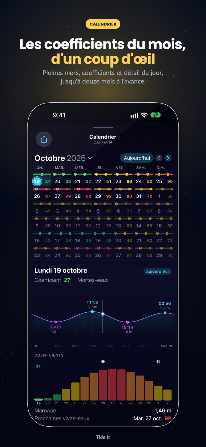 Calendrier des marées : le mois aux couleurs des coefficients, et le jour choisi avec sa courbe