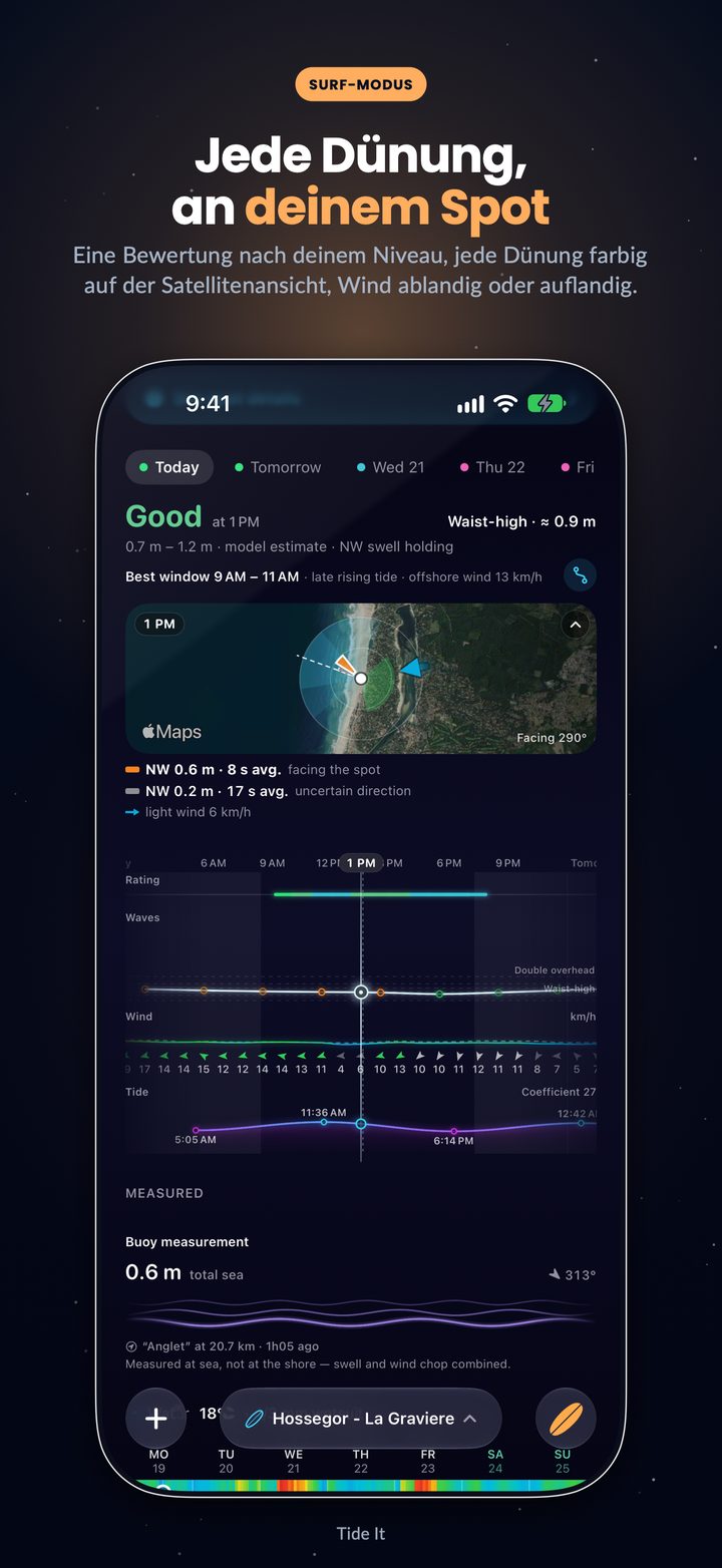 Surf-Modus: eine Bewertung für jede Stunde nach deinem Level, jede Dünung auf der Satellitenansicht des Spots und das beste Zeitfenster des Tages