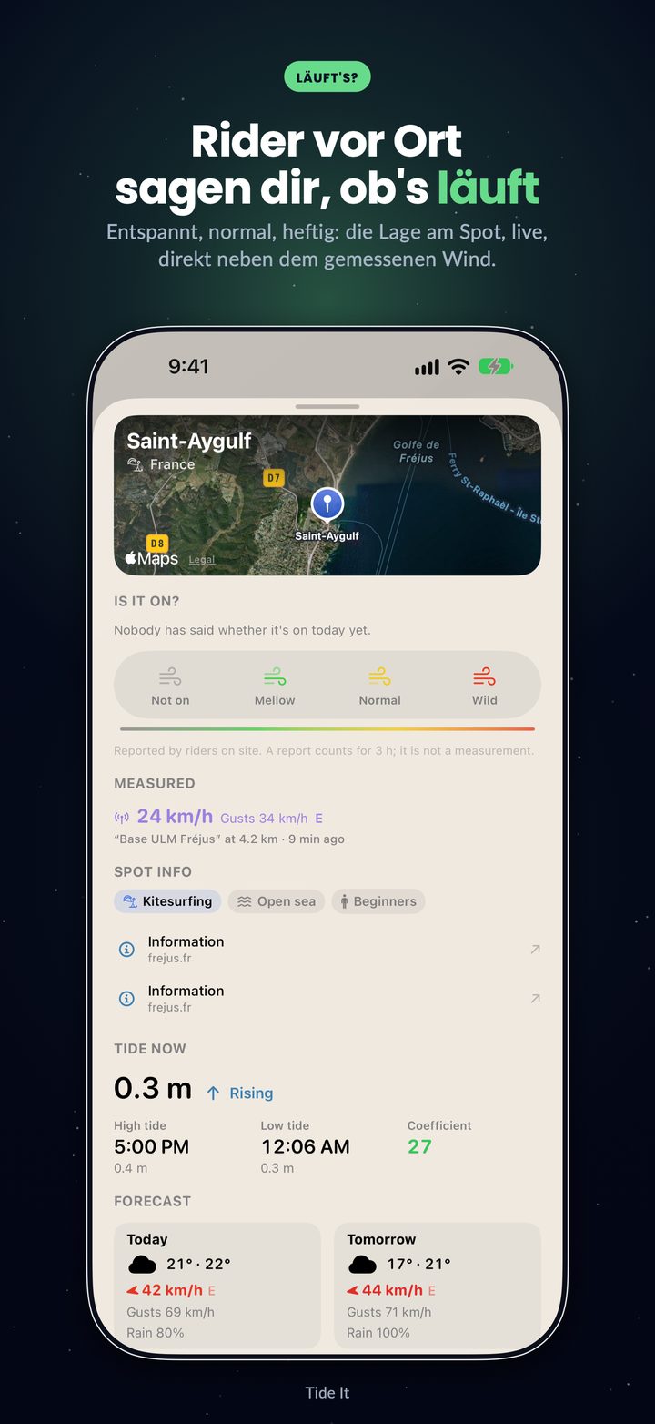 Die Spot-Infos: „Läuft's?“, die Einschätzung der Rider vor Ort, neben dem gemessenen Wind, den Infos zum Spot und den Gezeiten