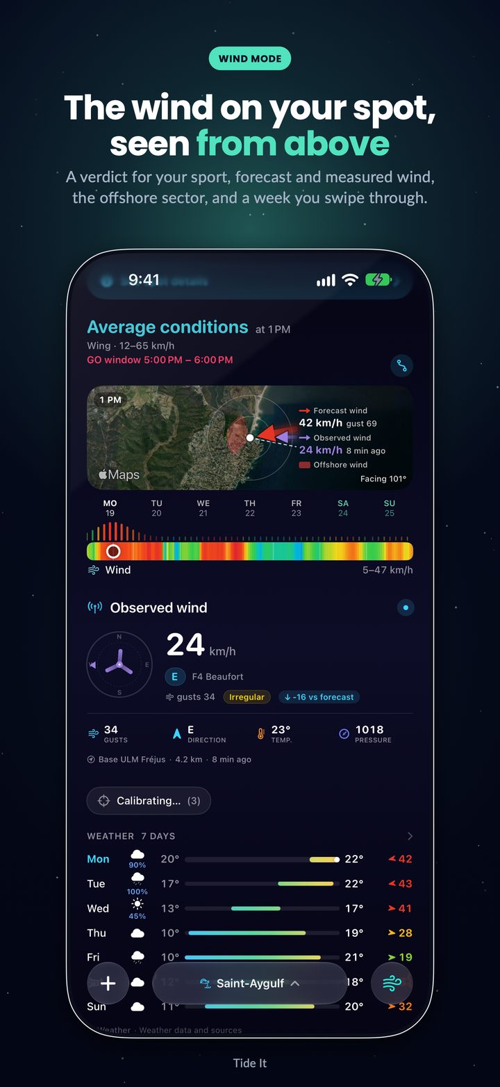Wind mode: the verdict for your sport, the spot view with forecast and measured wind, the week to swipe through and the weather