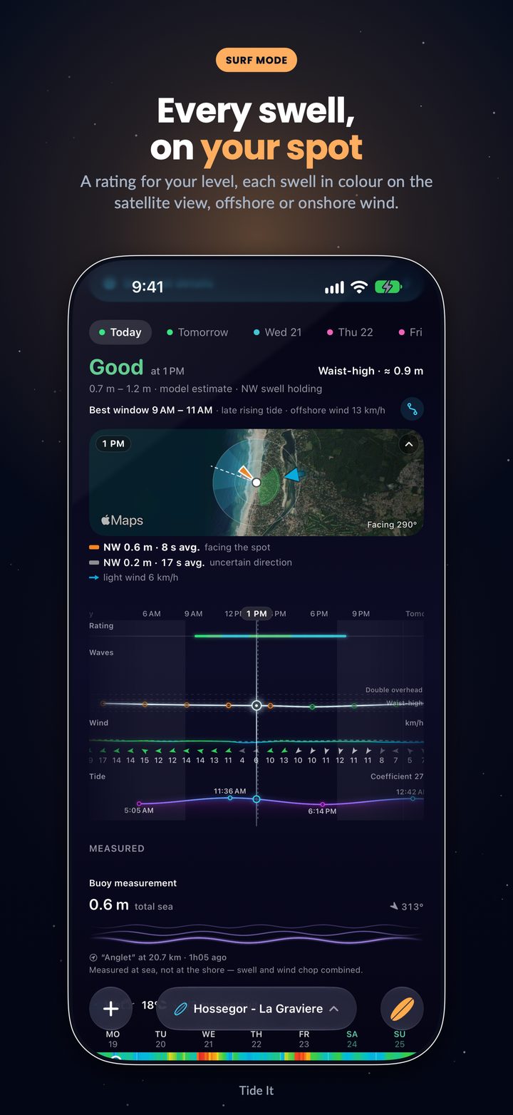 Surf mode: a rating for every hour based on your level, each swell on the spot's satellite view and the best slot of the day