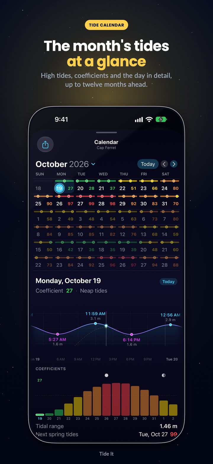 Tide calendar: the month in coefficient colors, and the chosen day with its curve