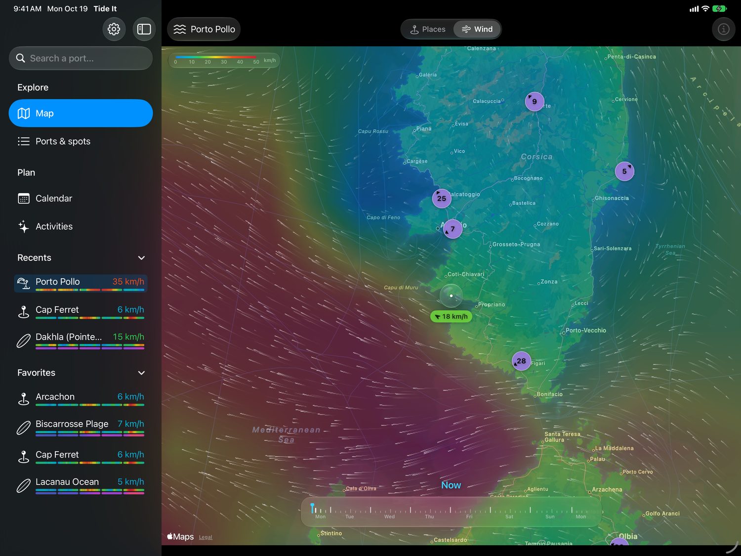 Animierte Windkarte auf dem iPad: der vorhergesagte Wind rund um Korsika und Sardinien, Spuren, die dem Wind folgen, der Tropfen in der Mitte, der die Windgeschwindigkeit abliest, und unten die Zeitleiste über 7 Tage