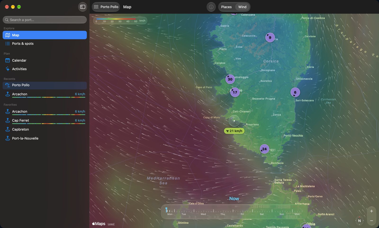 Animierte Windkarte auf dem Mac: der vorhergesagte Wind rund um Korsika und Sardinien, Spuren, die dem Wind folgen, der Tropfen in der Mitte, der die Windgeschwindigkeit abliest, und unten die Zeitleiste über 7 Tage