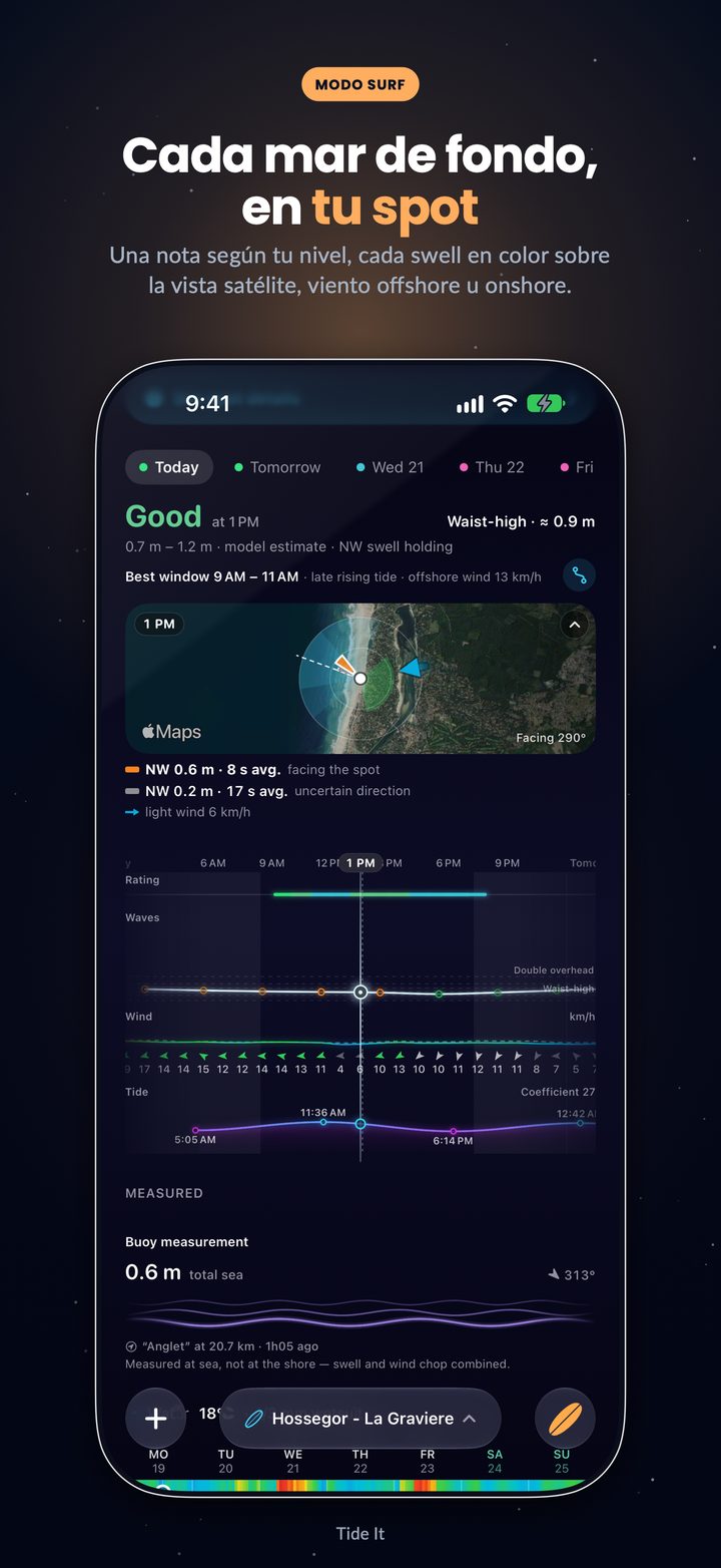 Modo Surf: una nota para cada hora según tu nivel, cada mar de fondo sobre la vista satélite del spot y la mejor franja del día