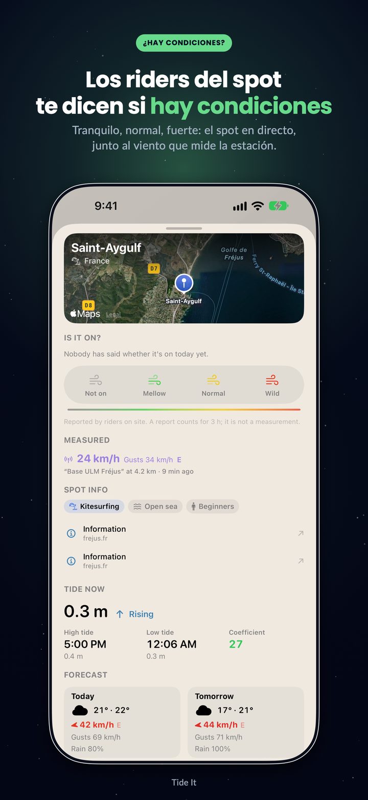 La ficha del spot: «¿Hay condiciones?», la opinión de los riders en el lugar, junto al viento medido, la información del spot y la marea