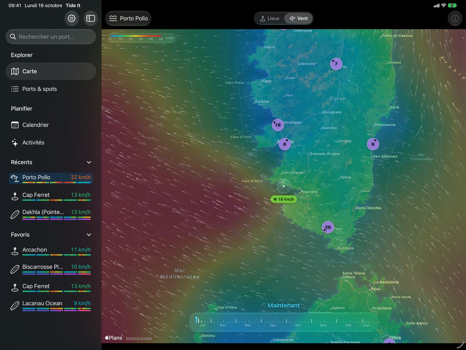 Carte des vents animée sur iPad : le vent prévu autour de la Corse et de la Sardaigne, des traînées qui suivent le vent, la goutte au centre qui lit la force du vent et la réglette des 7 jours en bas