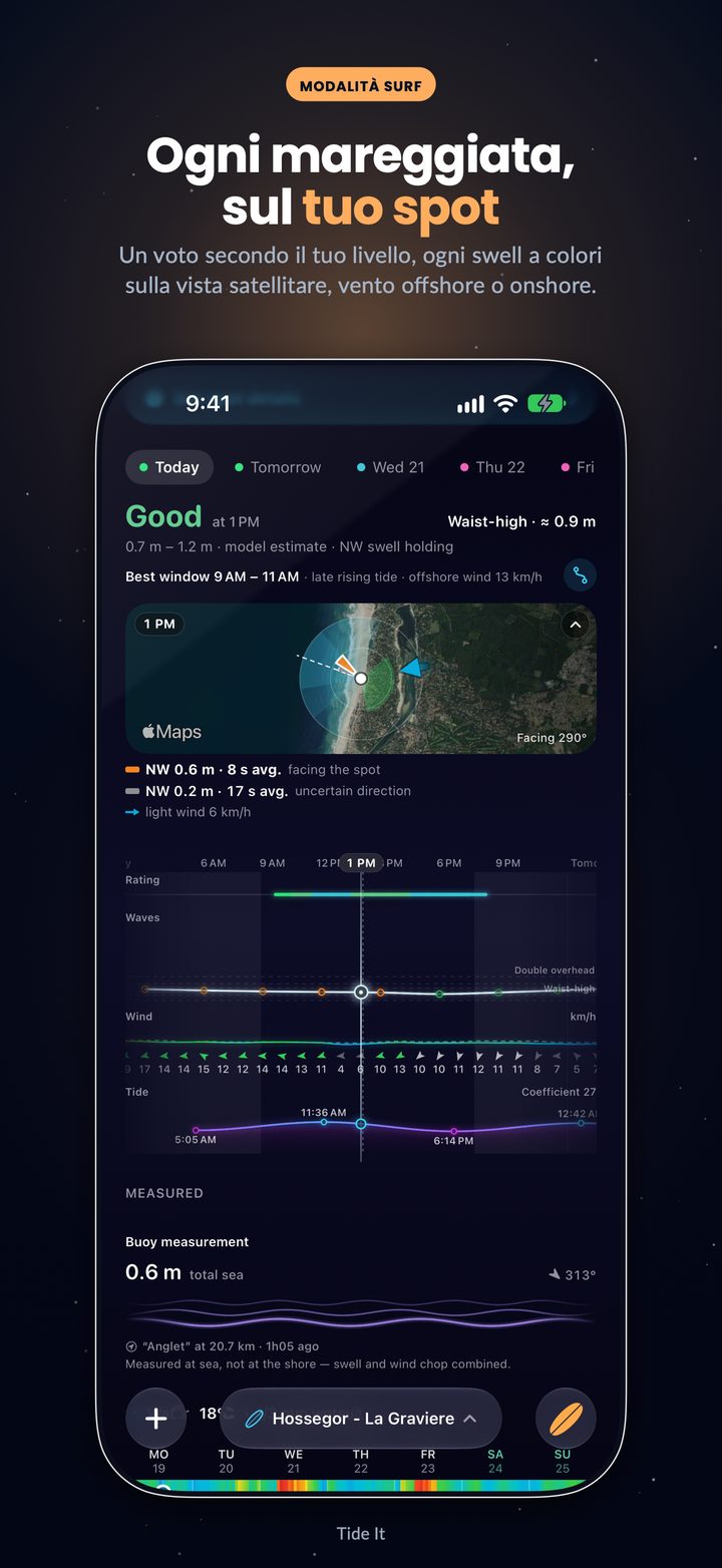 Modalità Surf: un voto per ogni ora secondo il tuo livello, ogni mareggiata sulla vista satellitare dello spot e la fascia migliore del giorno