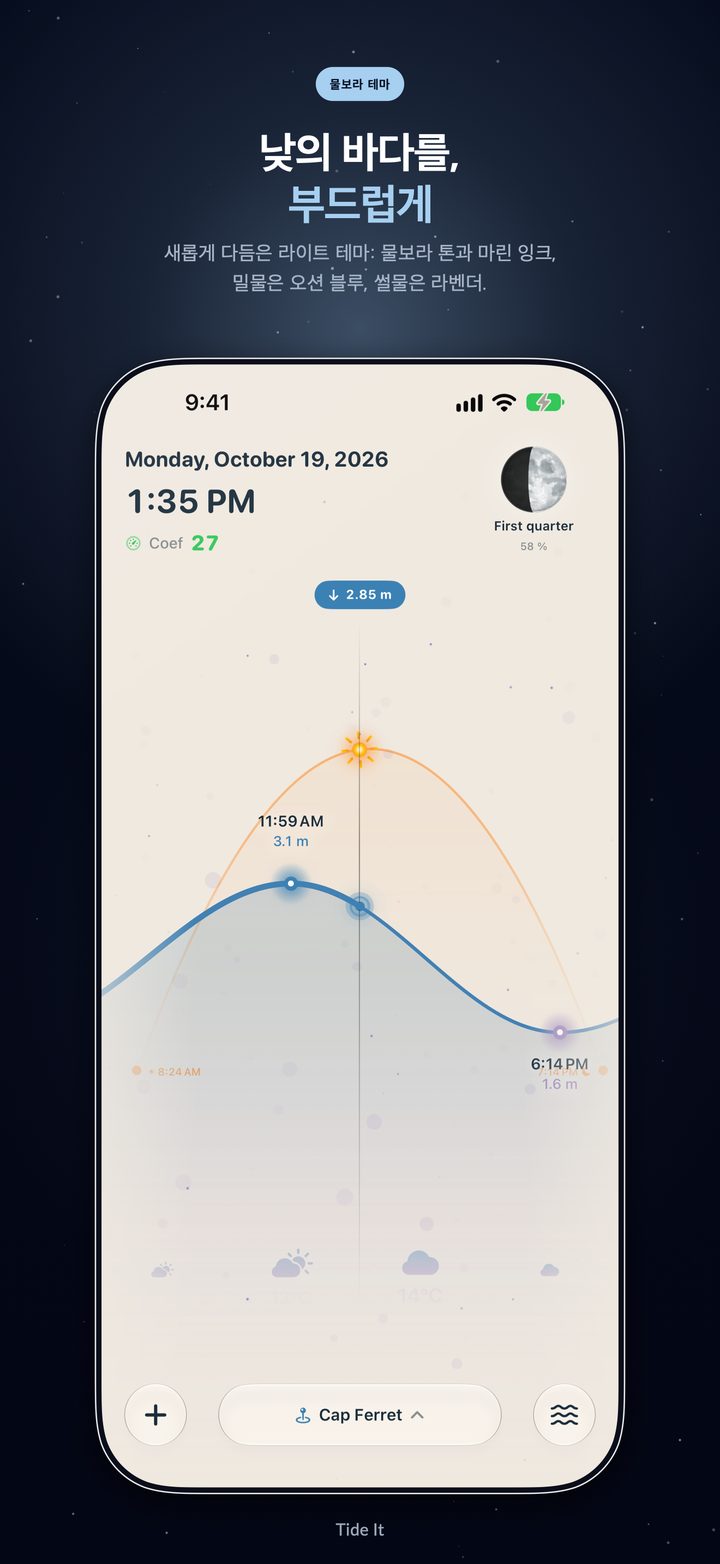 밝은 테마 ‘물보라’의 물때 곡선, 만조와 간조, 해와 날씨까지