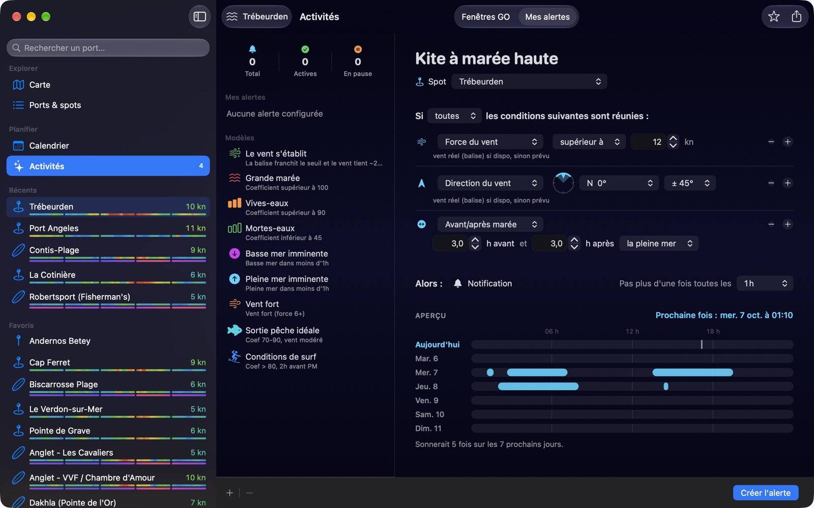 Éditeur d'alertes sur Mac, construit comme une règle : force du vent, direction et heure de la marée, avec l'aperçu en direct des 7 prochains jours