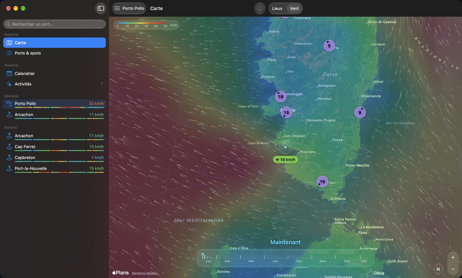 Carte des vents animée sur Mac : le vent prévu autour de la Corse et de la Sardaigne, des traînées qui suivent le vent, la goutte au centre qui lit la force du vent et la réglette des 7 jours en bas