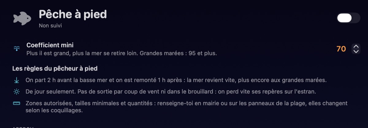 Réglages de la pêche à pied dans Tide It : coefficient minimum et règles du pêcheur à pied