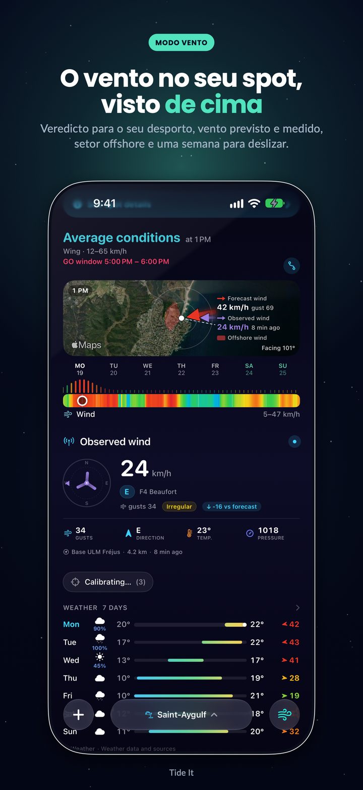 Modo Vento: o veredicto para o teu desporto, a vista do spot com o vento previsto e o medido, a semana para deslizar e a meteorologia