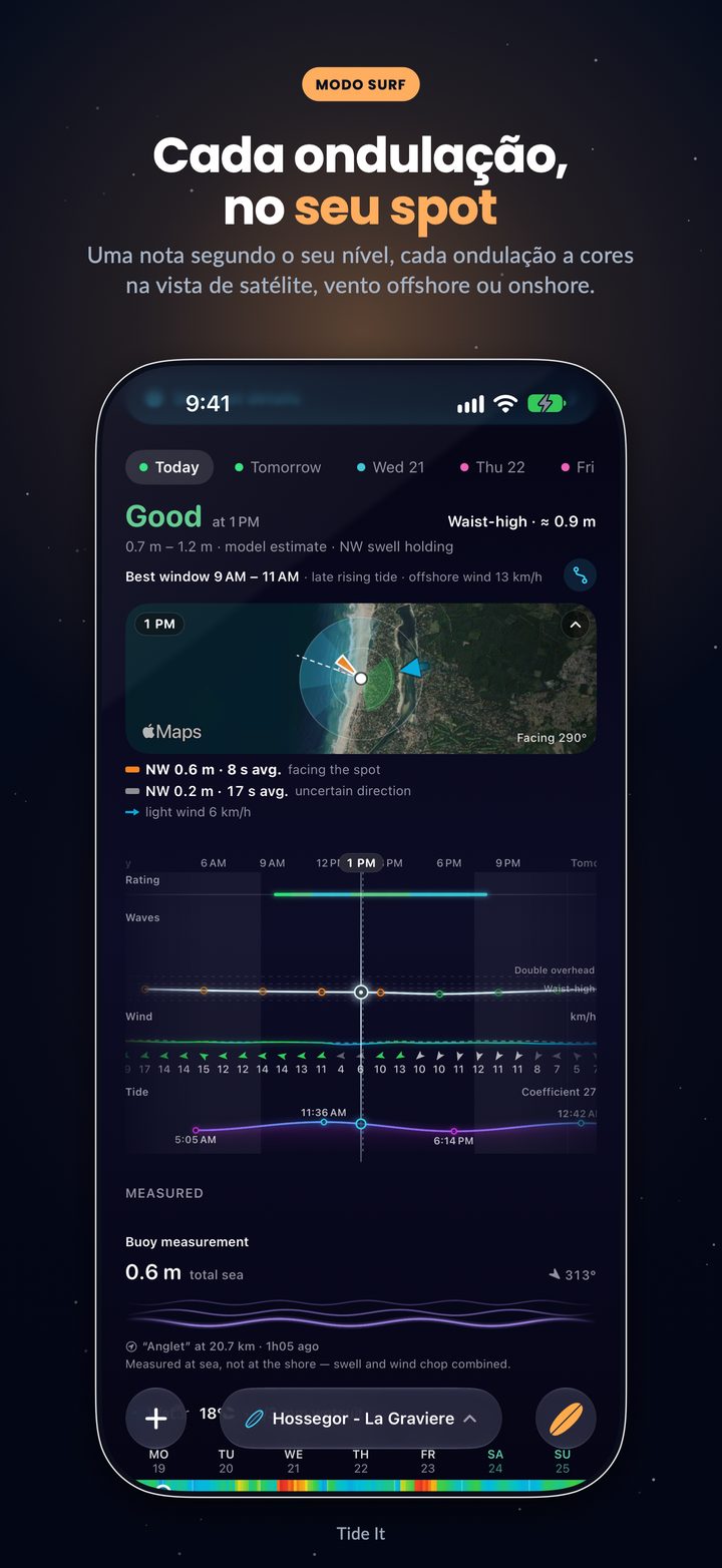 Modo Surf: uma nota para cada hora segundo o teu nível, cada ondulação na vista de satélite do spot e o melhor período do dia