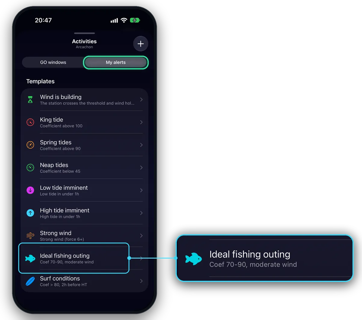 The “My alerts” tab and the list of templates; zoom on the “Ideal fishing outing” template.