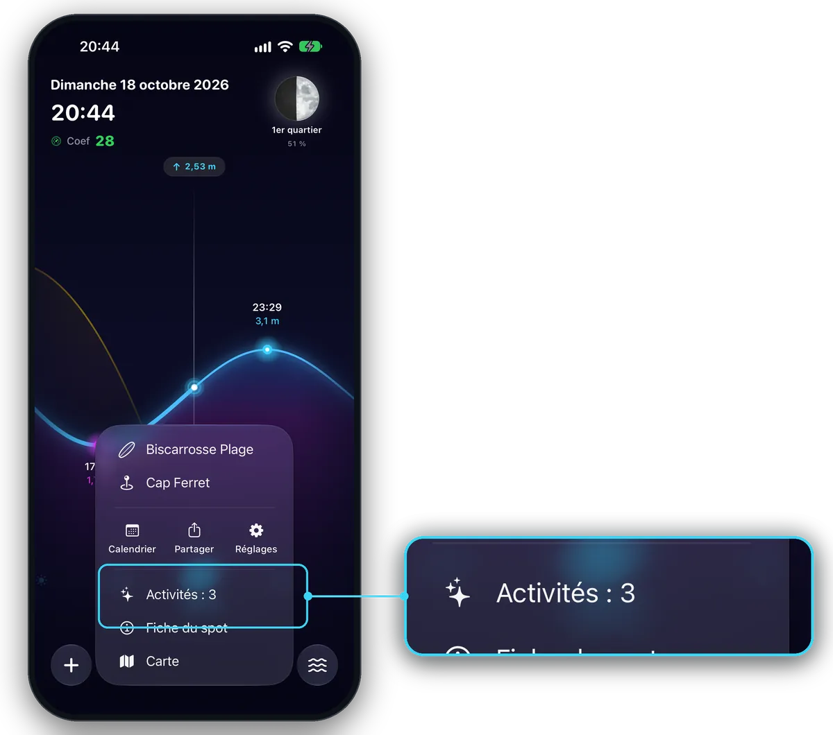 Le menu du spot ouvert ; zoom sur la ligne « Activités ».