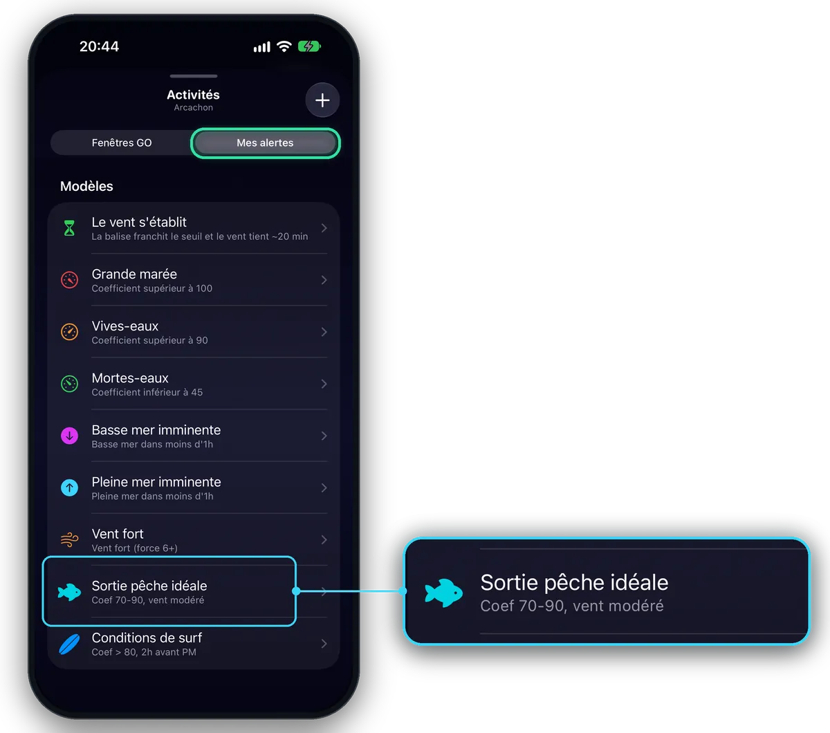 L'onglet « Mes alertes » et la liste des modèles ; zoom sur le modèle « Sortie pêche idéale ».