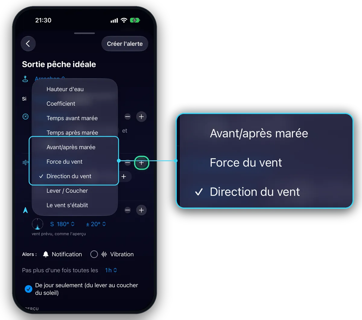 La liste des conditions ouverte sur la nouvelle ligne ; zoom sur « Avant/après marée ». Le bouton + de la ligne du vent est entouré.