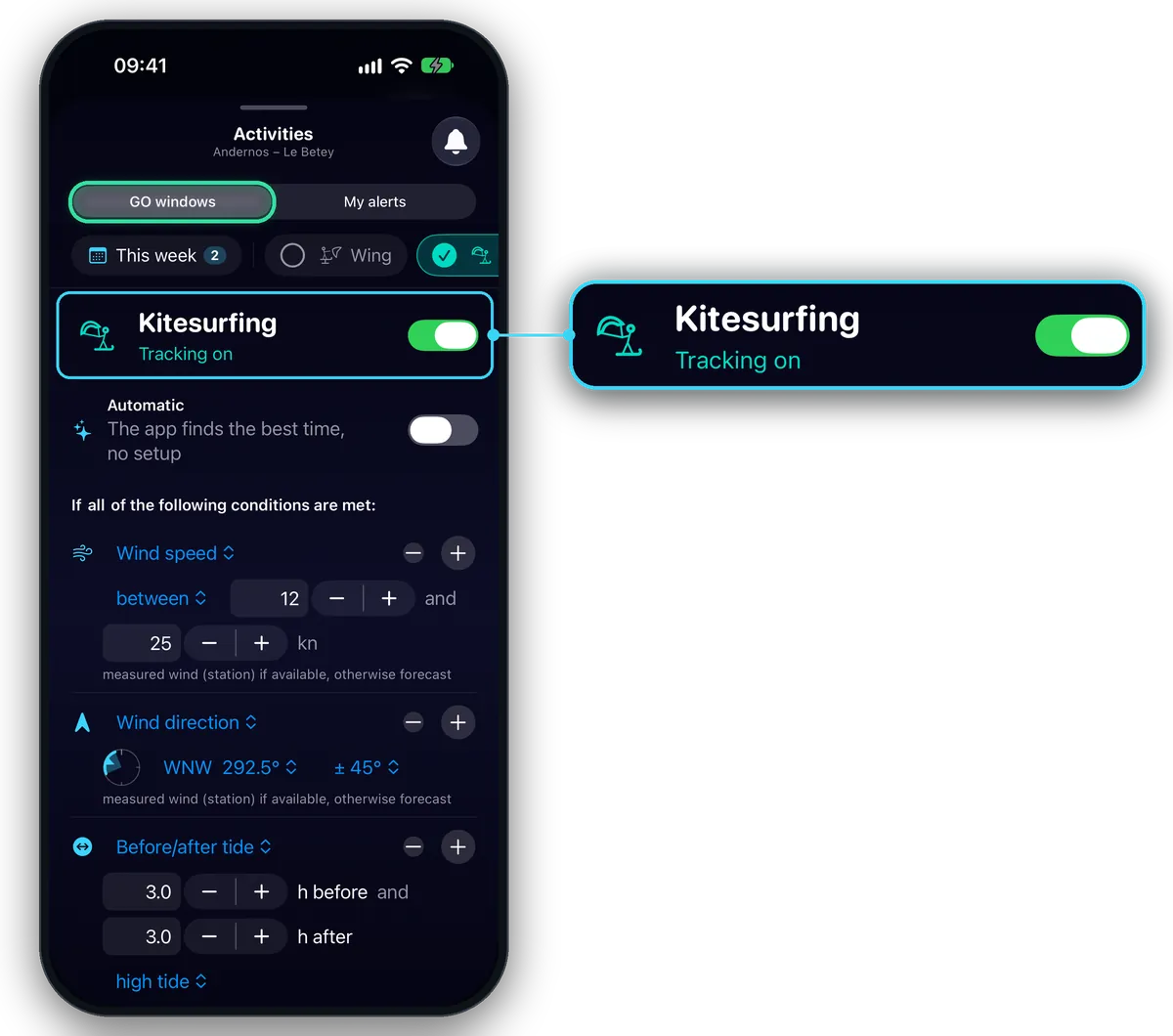 Activities ▸ GO windows at Andernos – Le Betey with the Kitesurfing settings open; the “GO windows” tab is circled, zoom on “Kitesurfing, Tracking on” and its switch.
