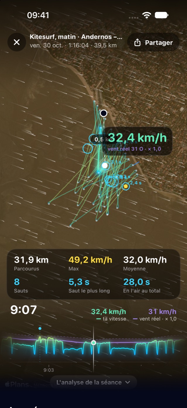 Revivre : la trace d'une séance de kitesurf sur la vue satellite, le vent réel animé autour, la vitesse et le vent dans la même bulle